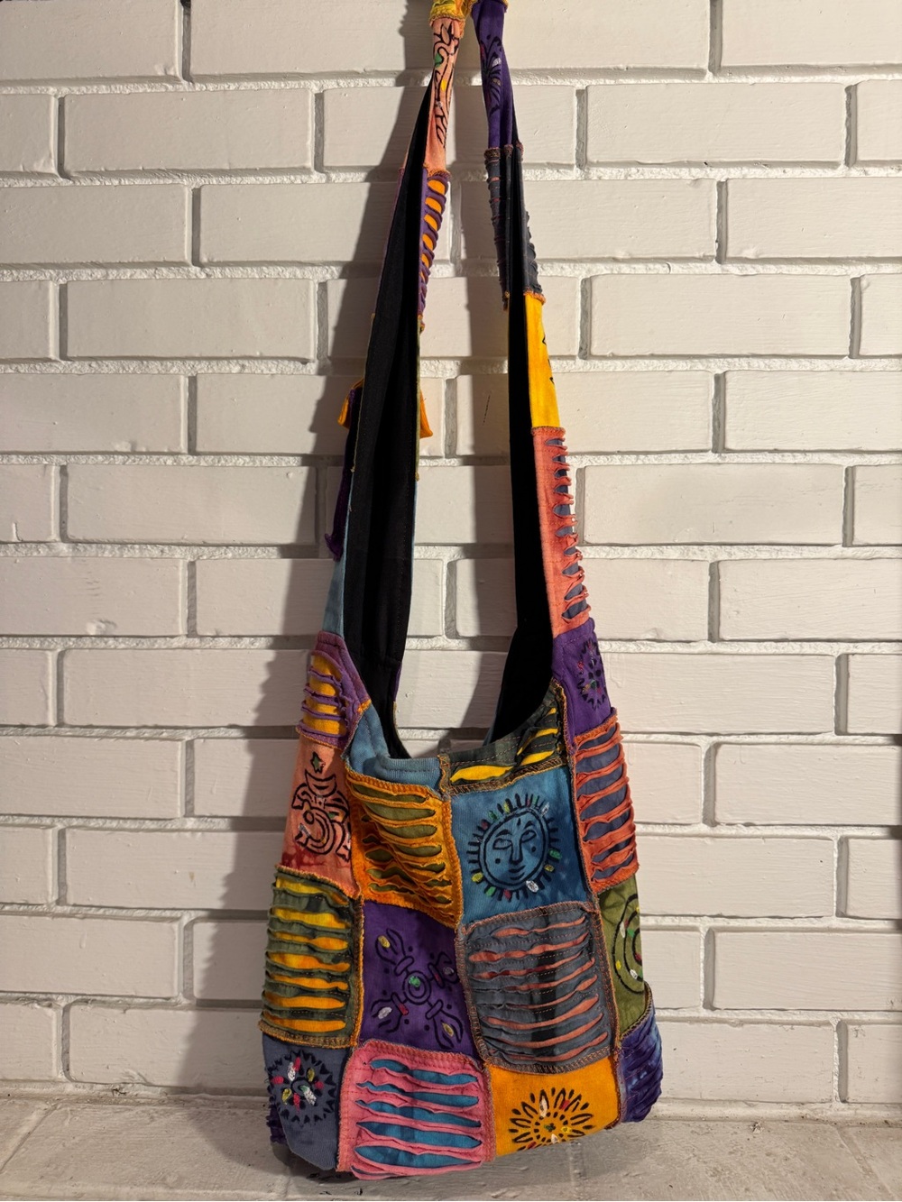 Rising International Boho Patchwork Crossbody Hobo Bag Sun Celestial Nepal Cotto